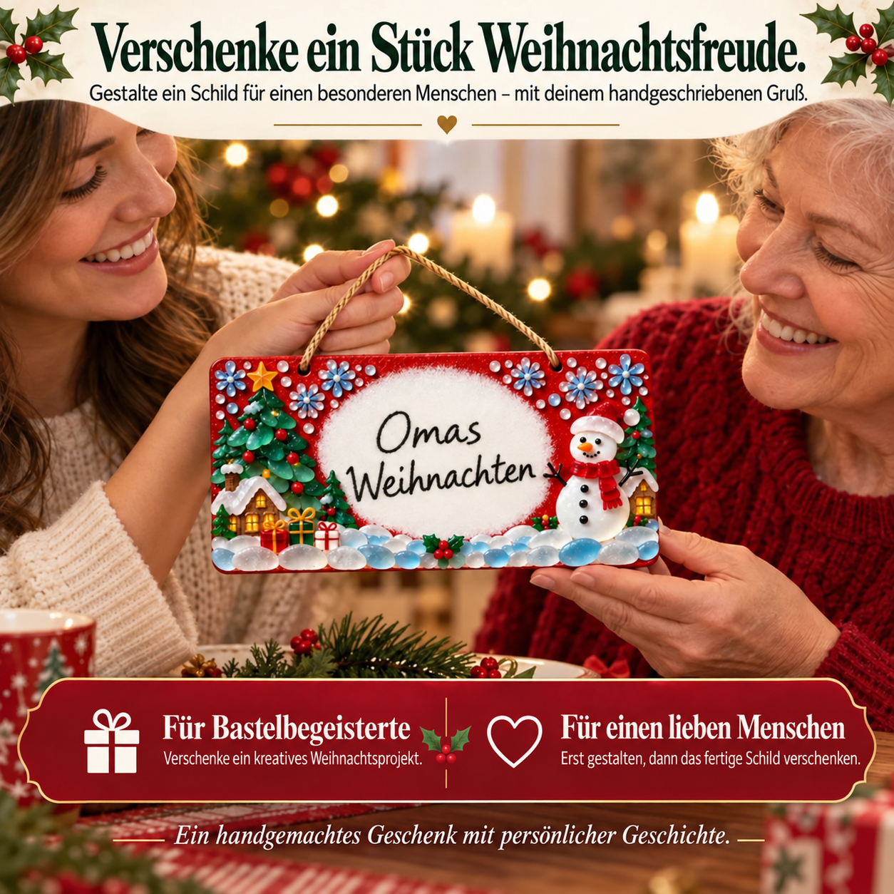 Ein fertiges, personalisiertes Meerglas-Weihnachtsschild als Geschenk vorbereitet