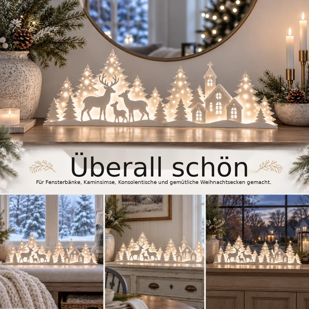 Detail der LED-Weihnachtsdekoration mit Hirschen und Dorf fürs Fenster