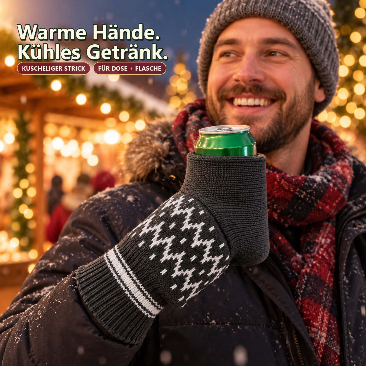 Grauer Bierhandschuh auf einem Weihnachtsmarkt