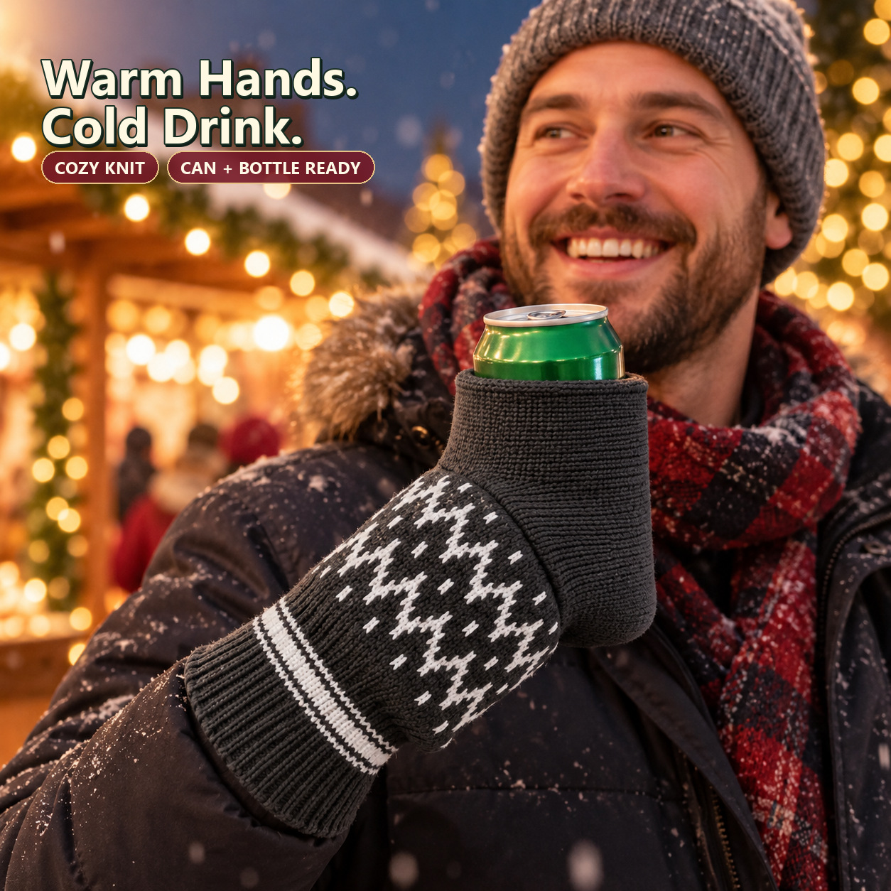 Warm hands and a cold drink at a Christmas market with the gray knitted beer mitten