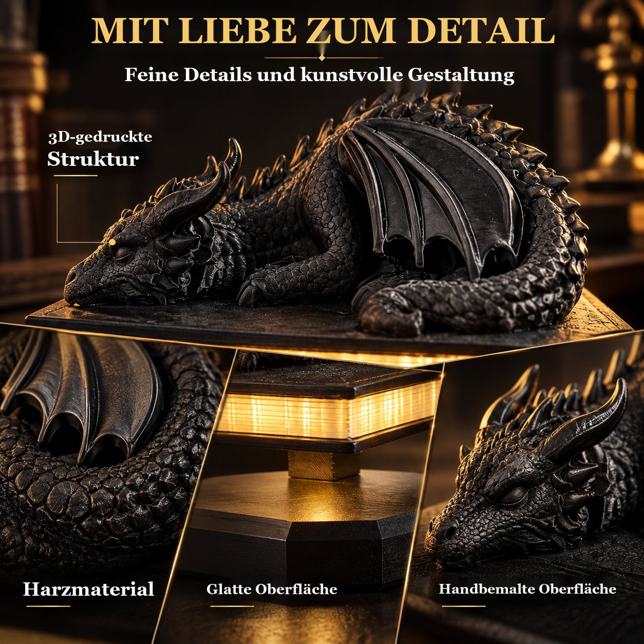 3D-Drachenlampe auf schwebendem Buch – Warmes Dekolicht