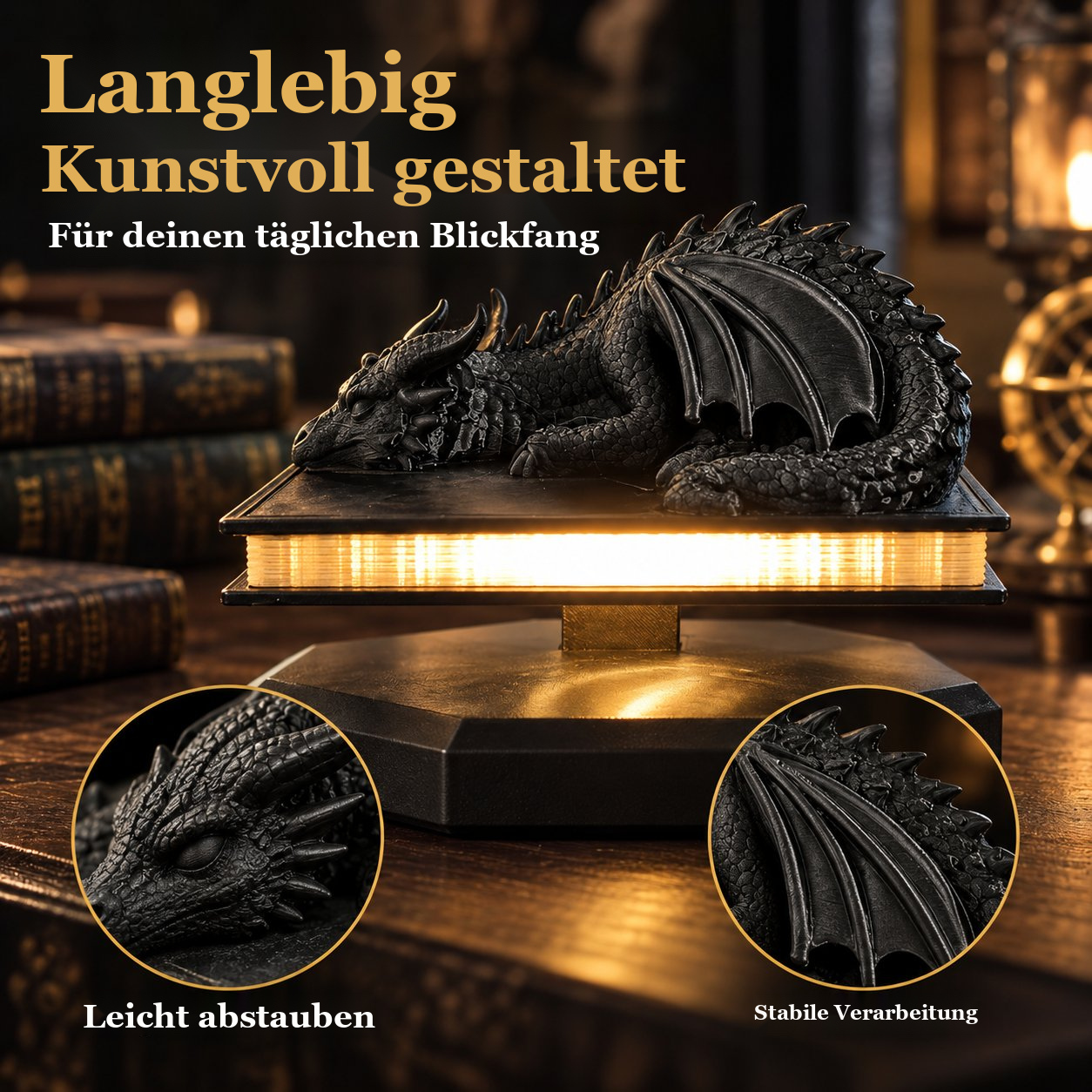 3D-Drachenlampe auf schwebendem Buch – Warmes Dekolicht