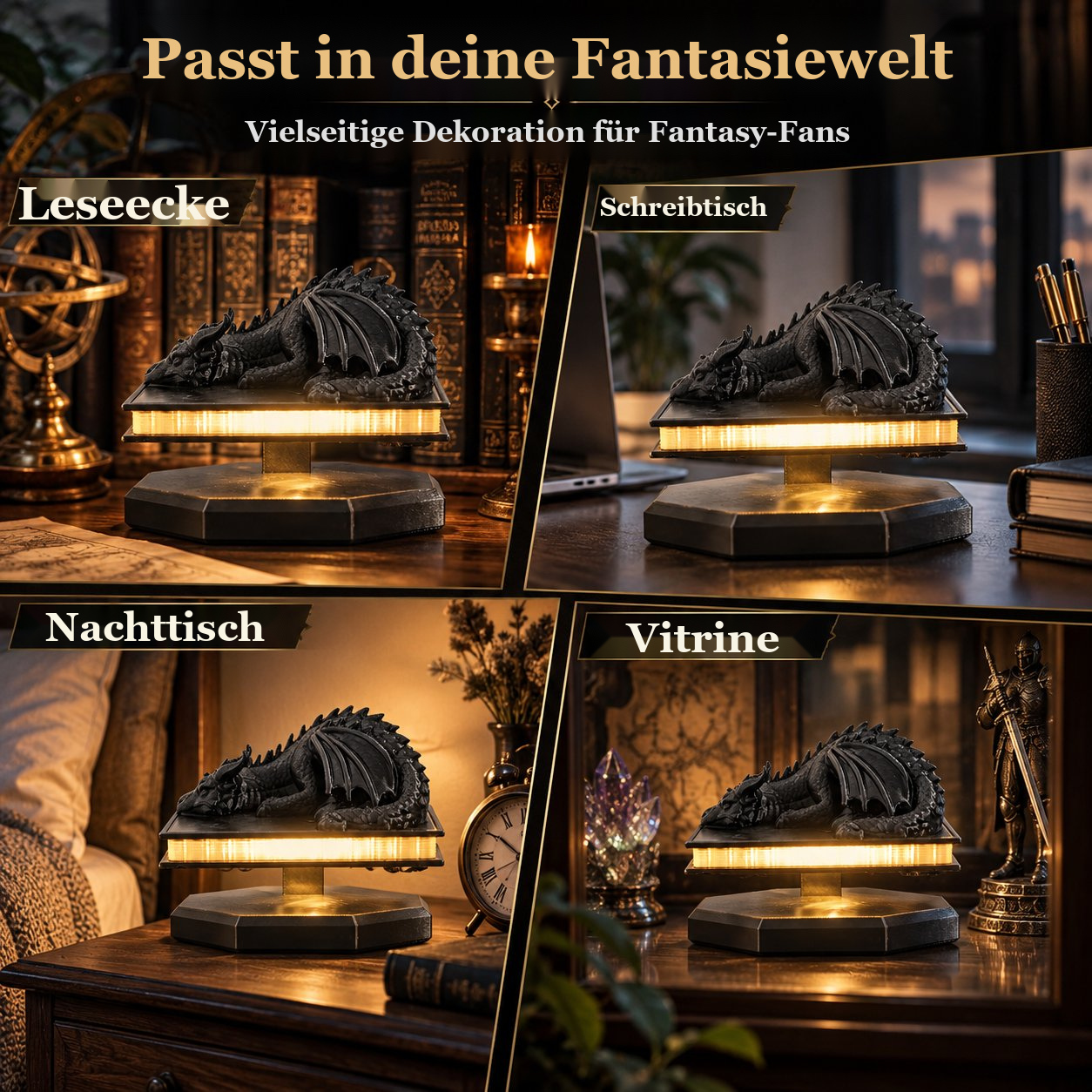 3D-Drachenlampe auf schwebendem Buch – Warmes Dekolicht