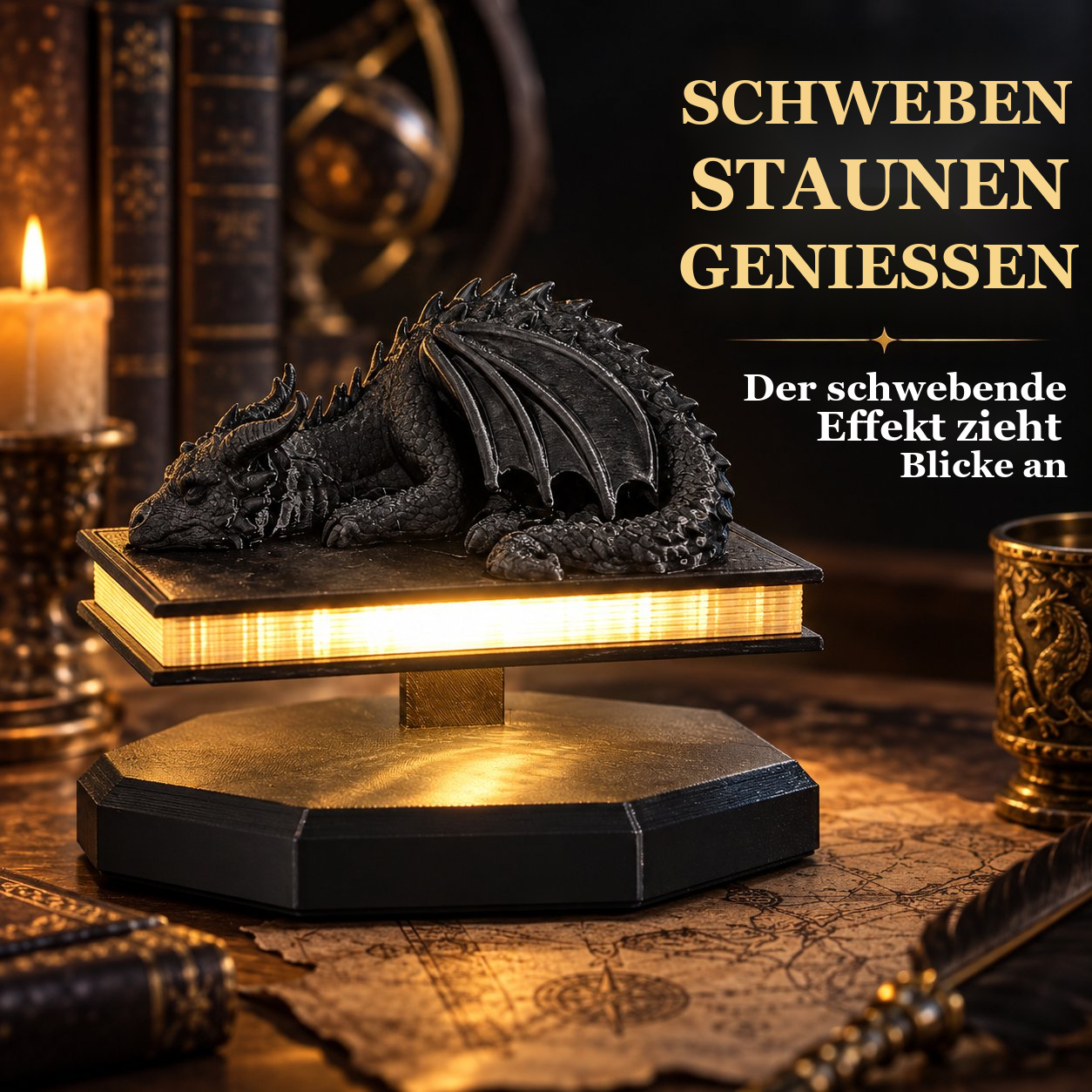 3D-Drachenlampe auf schwebendem Buch – Warmes Dekolicht
