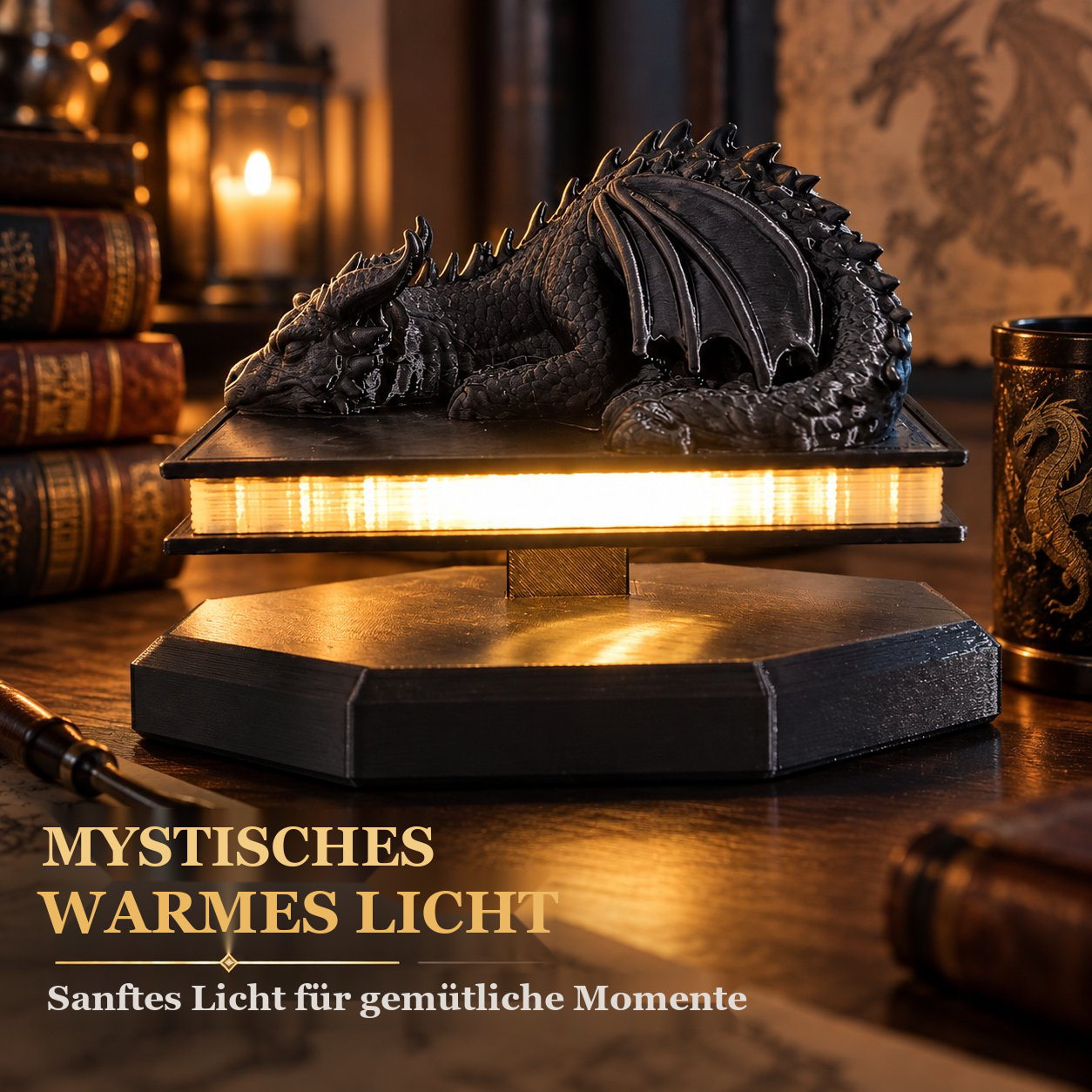 3D-Drachenlampe auf schwebendem Buch – Warmes Dekolicht