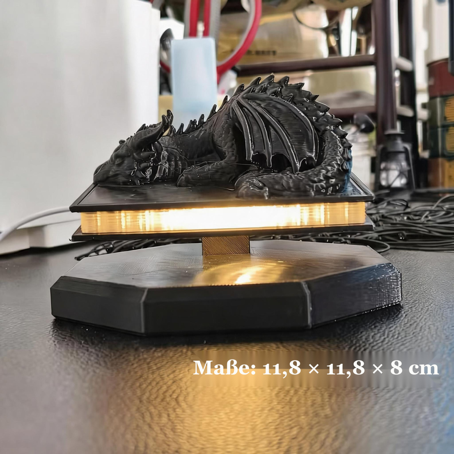 3D-Drachenlampe auf schwebendem Buch – Warmes Dekolicht