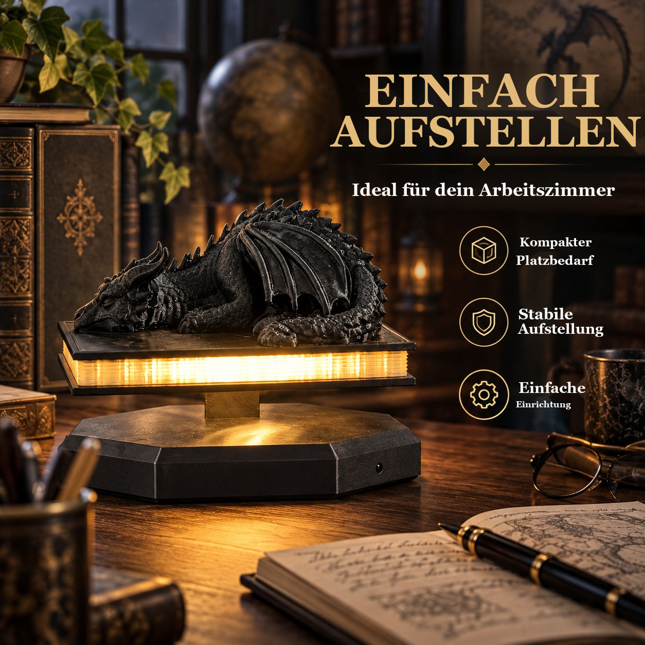 3D-Drachenlampe auf schwebendem Buch – Warmes Dekolicht