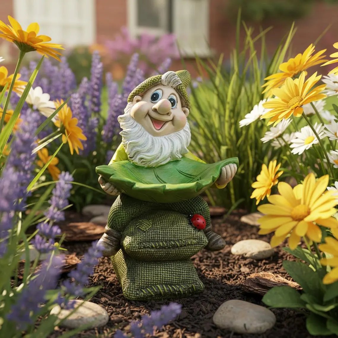 🍃 Birdie Butler Gnom – Originelle Gartenfigur mit Blatt-Futterstelle