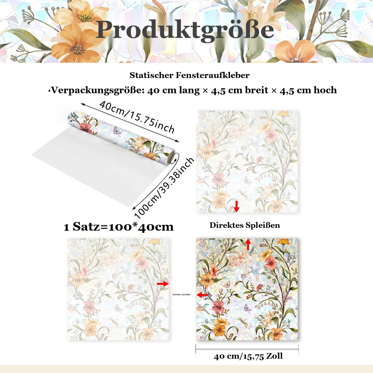 📢📢40 % RABATT !! ⏰ Elektrostatische Regenbogen-Fensterfolie mit dekorativem Blumenmuster