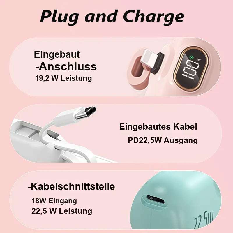 🔋📱 Mini-Powerbank mit 5.000 mAh – 22,5 W Ausgangsleistung, 2 USB-Anschlüsse (USB-C und USB-A), digitale Ladeanzeige, kompaktes und leichtes Design für Smartphones und Mobilgeräte