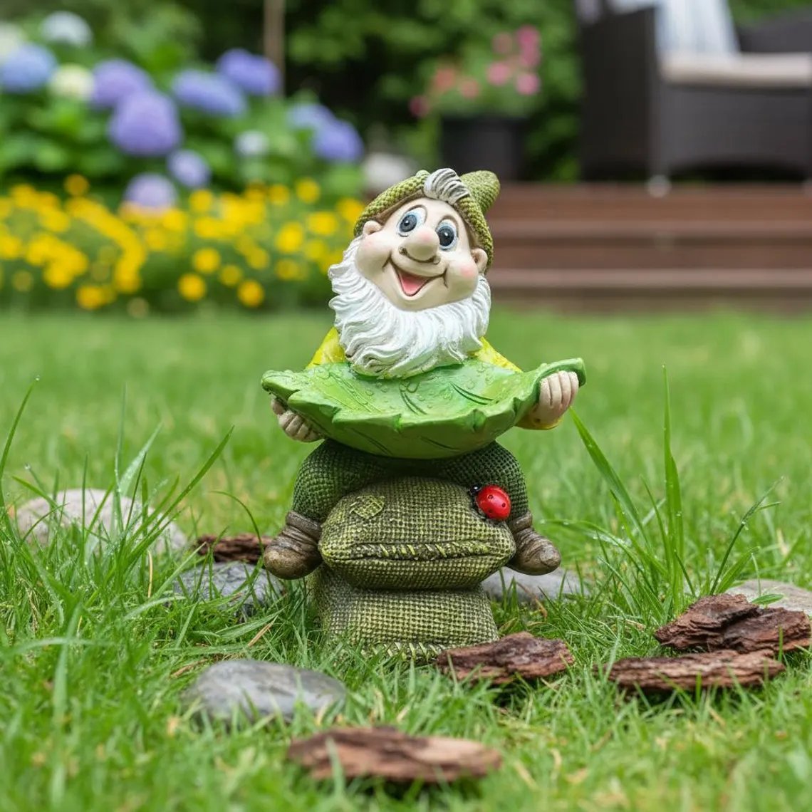 🍃 Birdie Butler Gnom – Originelle Gartenfigur mit Blatt-Futterstelle