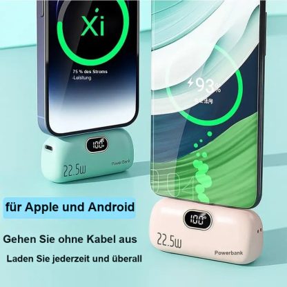 🔋📱 Mini-Powerbank mit 5.000 mAh – 22,5 W Ausgangsleistung, 2 USB-Anschlüsse (USB-C und USB-A), digitale Ladeanzeige, kompaktes und leichtes Design für Smartphones und Mobilgeräte
