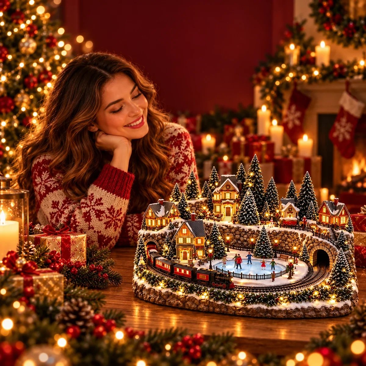 Weihnachtszug und Eisbahndorf in einem weihnachtlichen Wohnzimmer