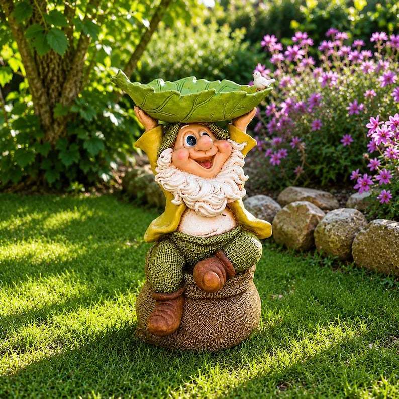 🍃 Birdie Butler Gnom – Originelle Gartenfigur mit Blatt-Futterstelle