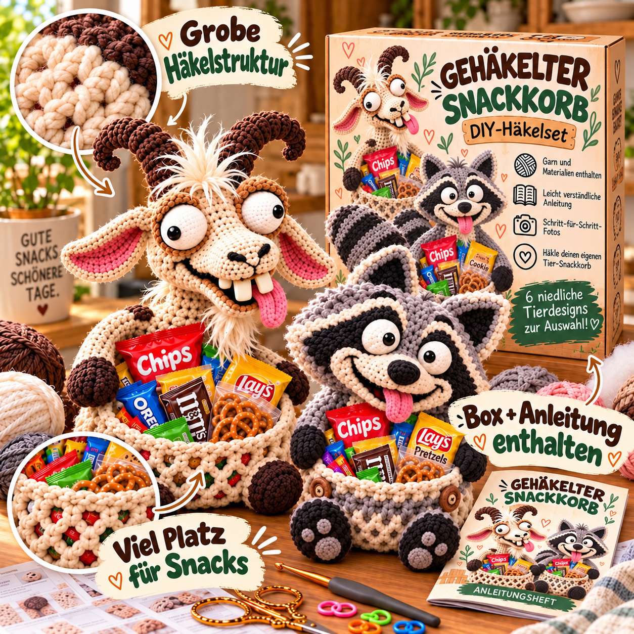 😂 Snack Attack Squad – DIY-Häkelkollektion mit lustigen Tier-Snackkörben