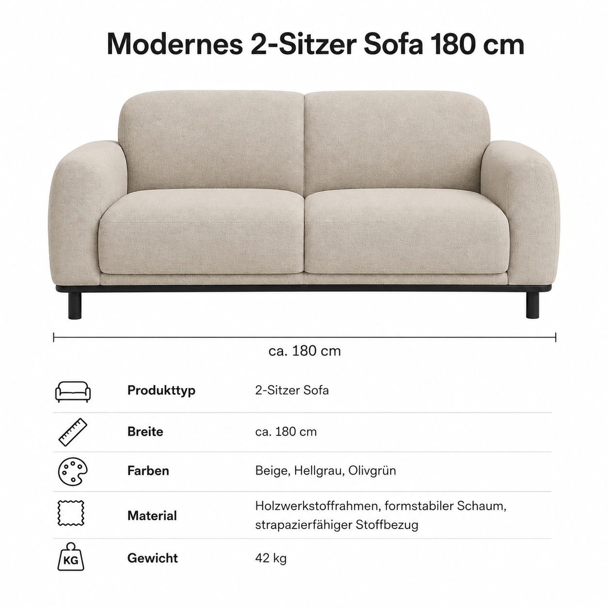 Modernes 2-Sitzer Sofa 180 cm mit weicher Linienführung-SelviaWood