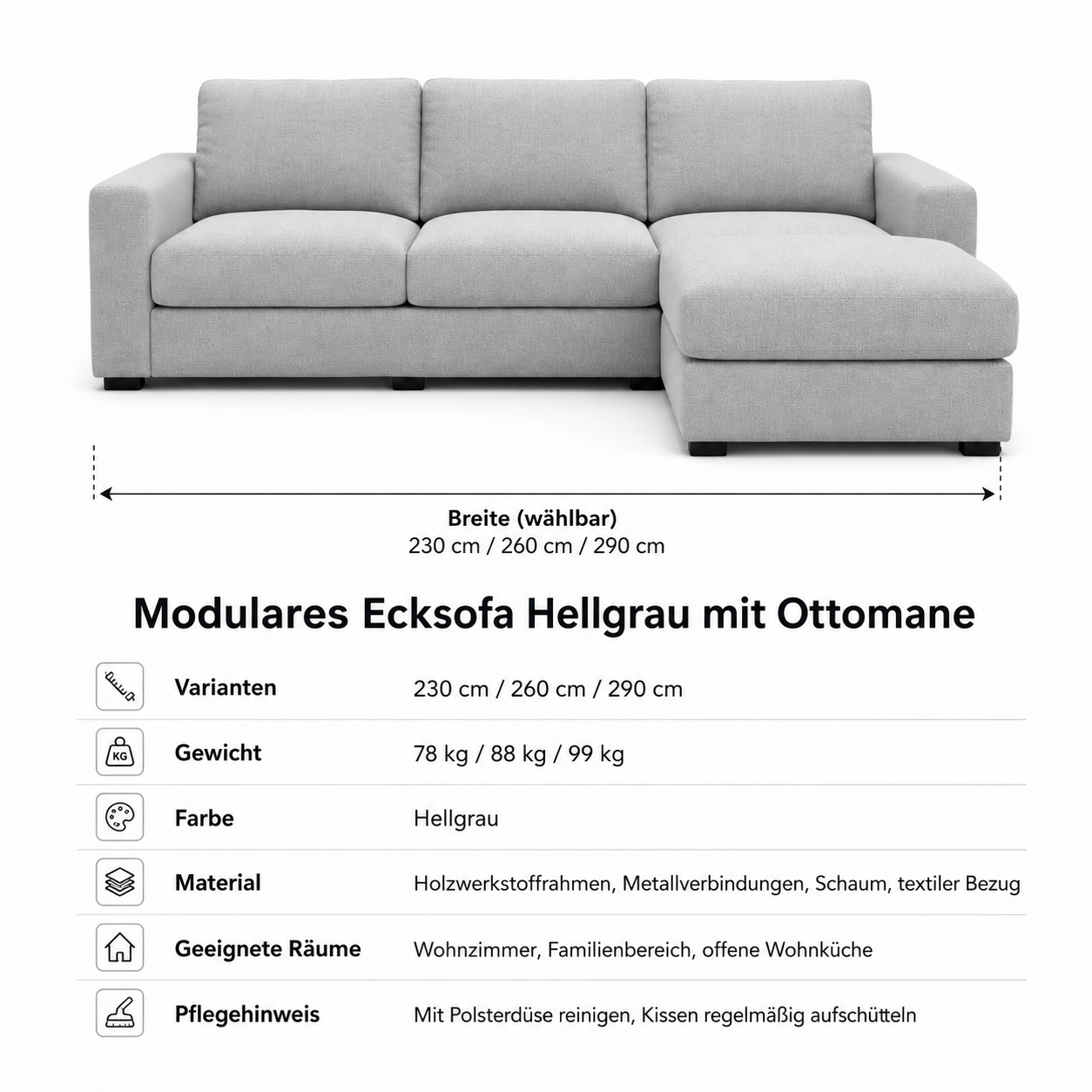 Modulares Ecksofa Hellgrau mit Ottomane