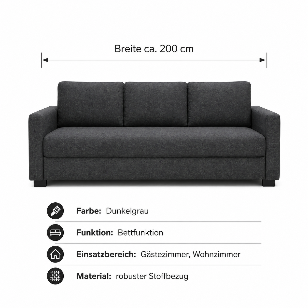 Schlafsofa Dunkelgrau 200 cm mit Bettfunktion-SelviaWood