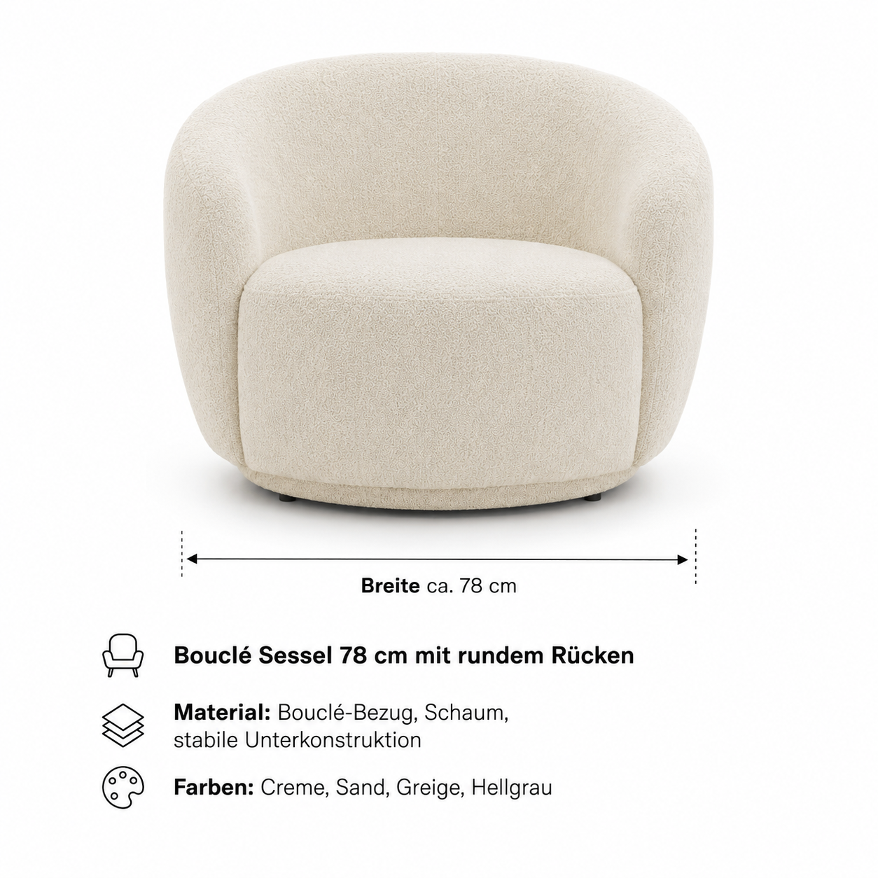 Bouclé Sessel 78 cm mit rundem Rücken-SelviaWood
