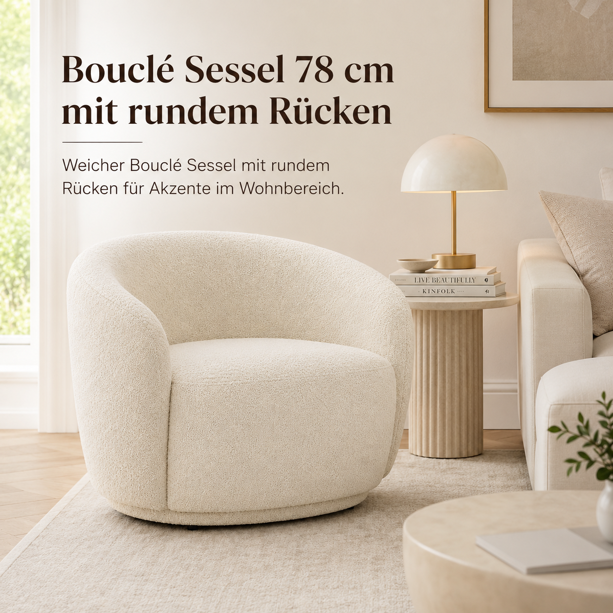 Bouclé Sessel 78 cm mit rundem Rücken-SelviaWood