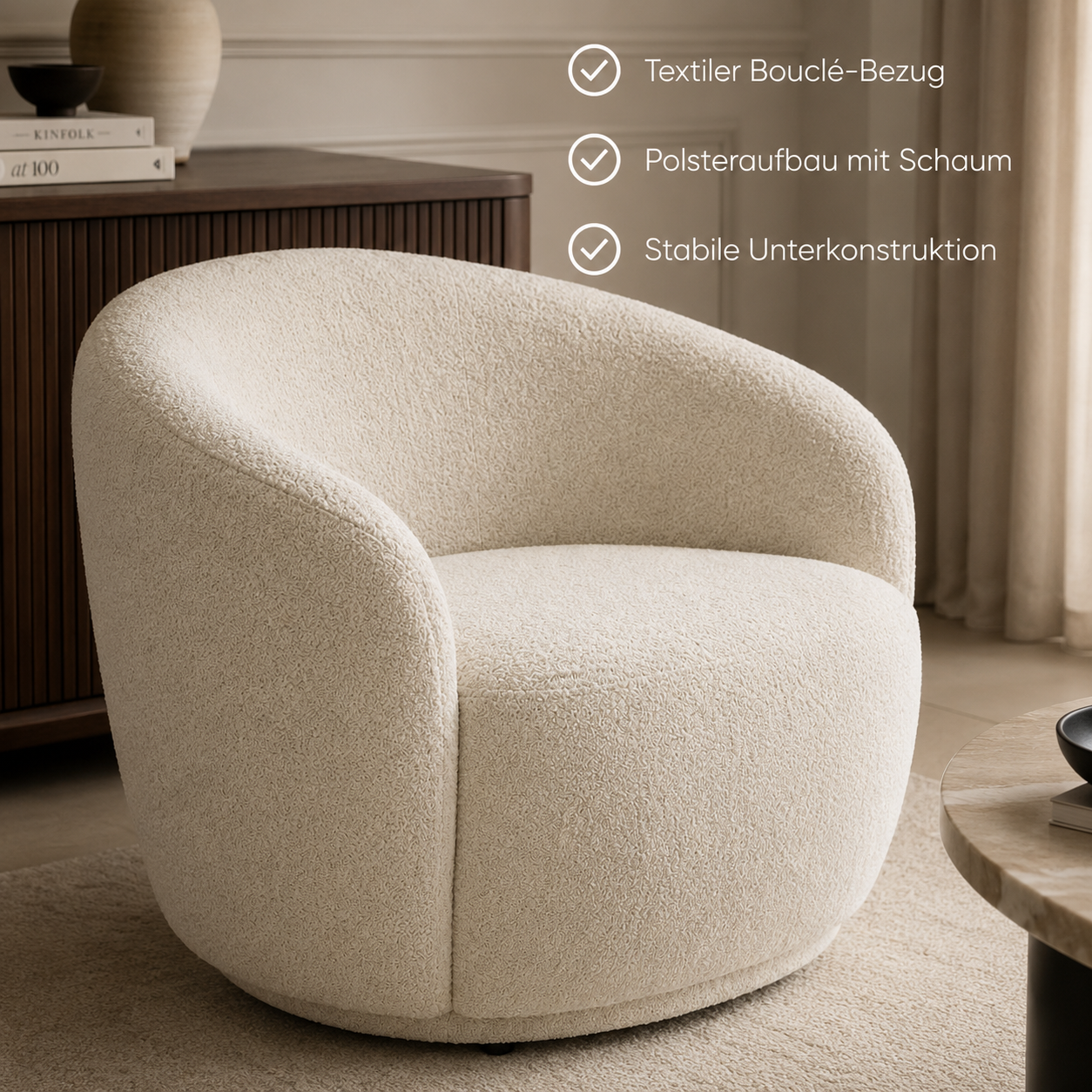 Bouclé Sessel 78 cm mit rundem Rücken-SelviaWood