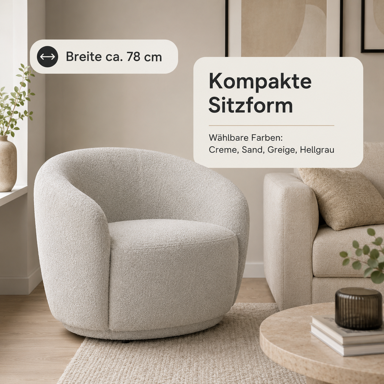Bouclé Sessel 78 cm mit rundem Rücken-SelviaWood