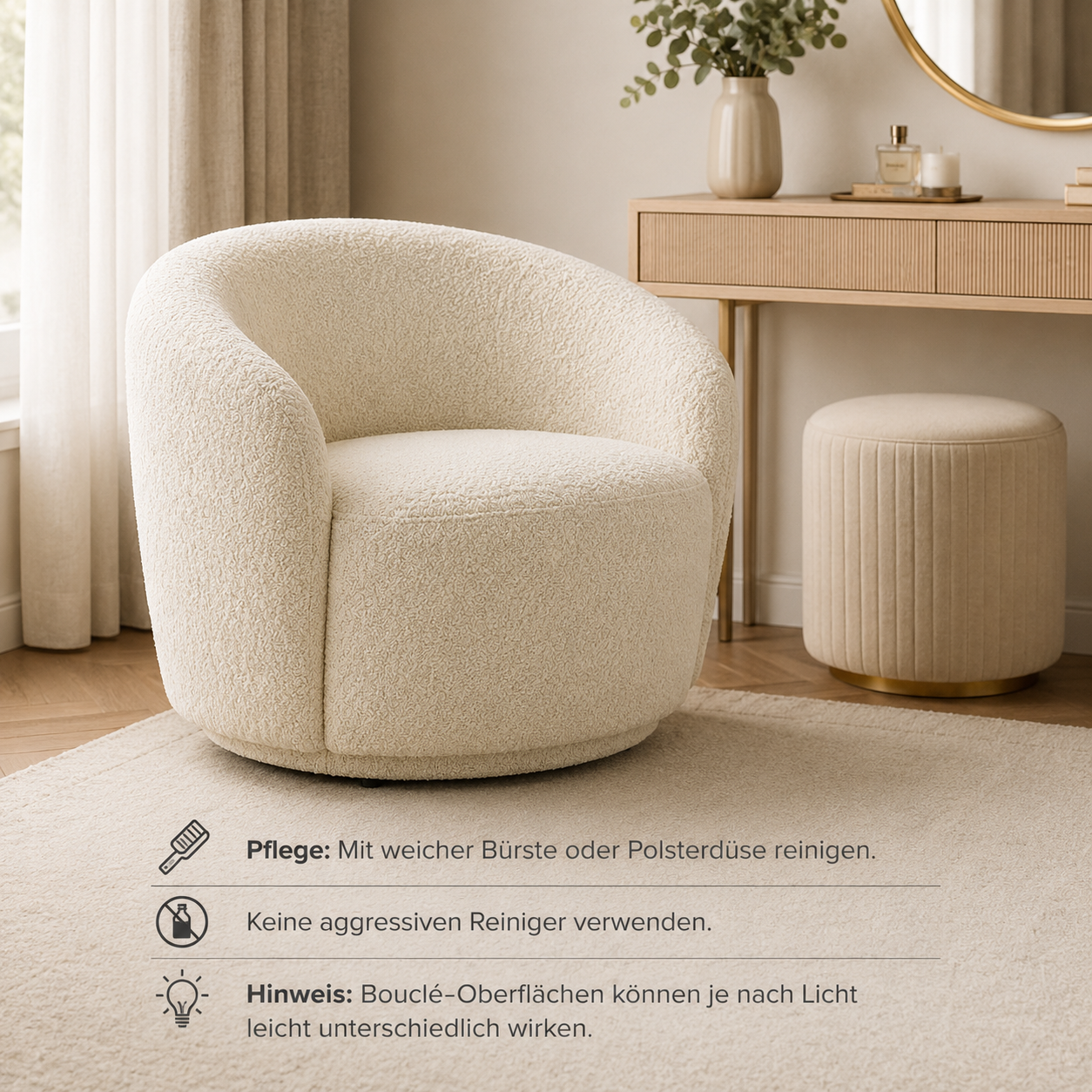 Bouclé Sessel 78 cm mit rundem Rücken-SelviaWood