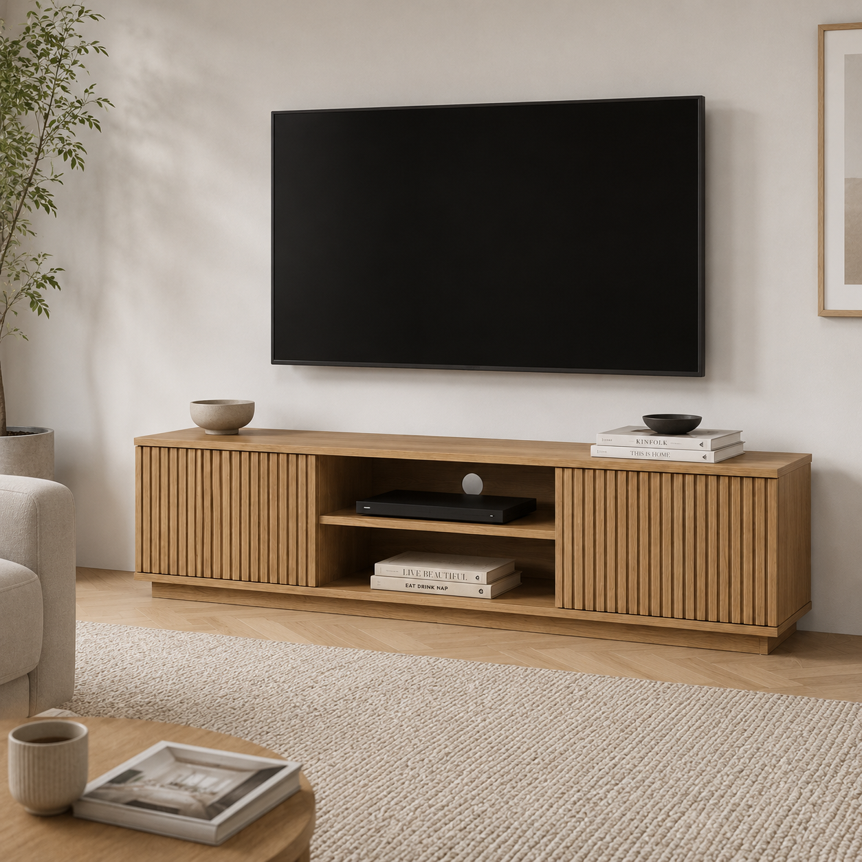 TV-Lowboard Eiche Optik mit Lamellenfront-SelviaWood