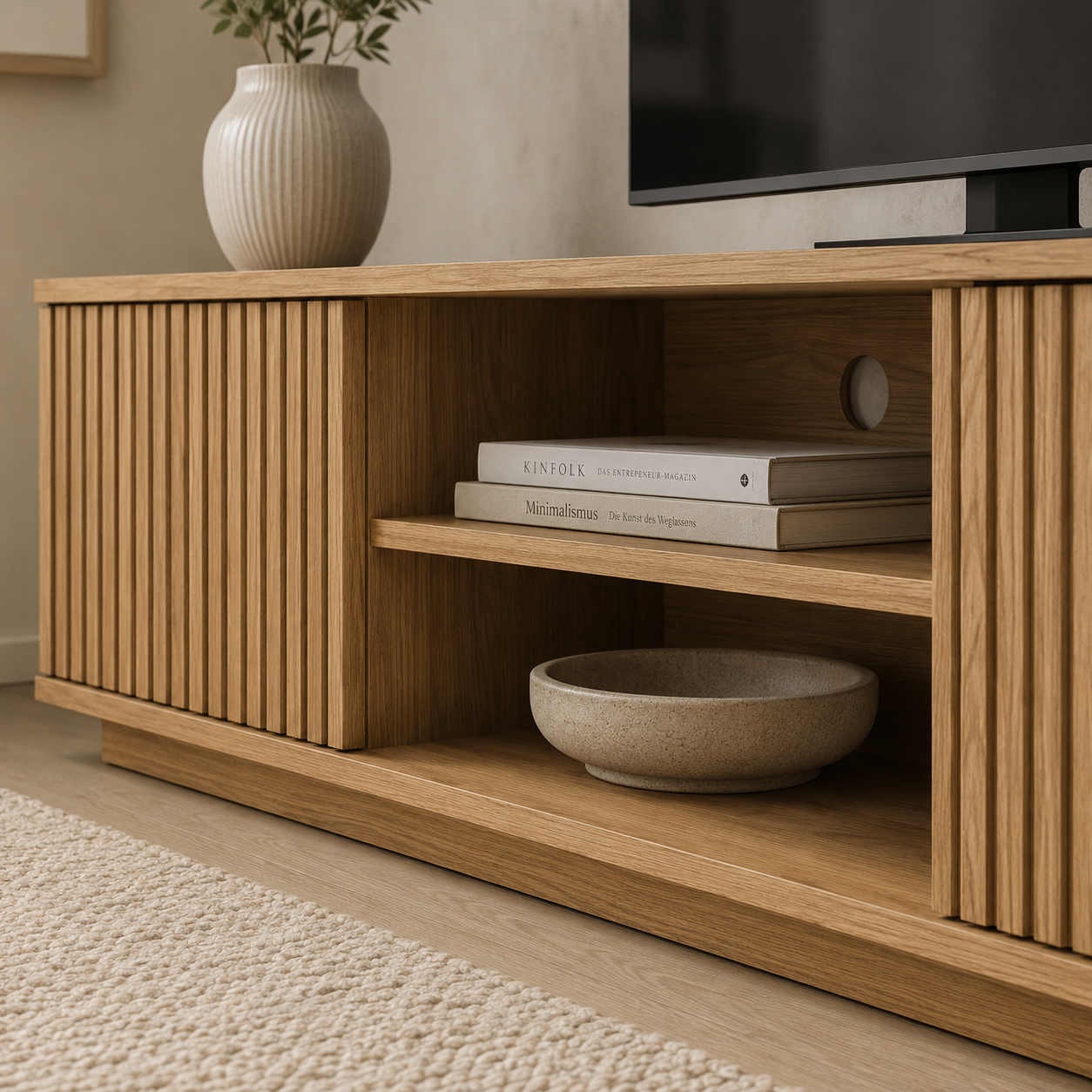 TV-Lowboard Eiche Optik mit Lamellenfront-SelviaWood