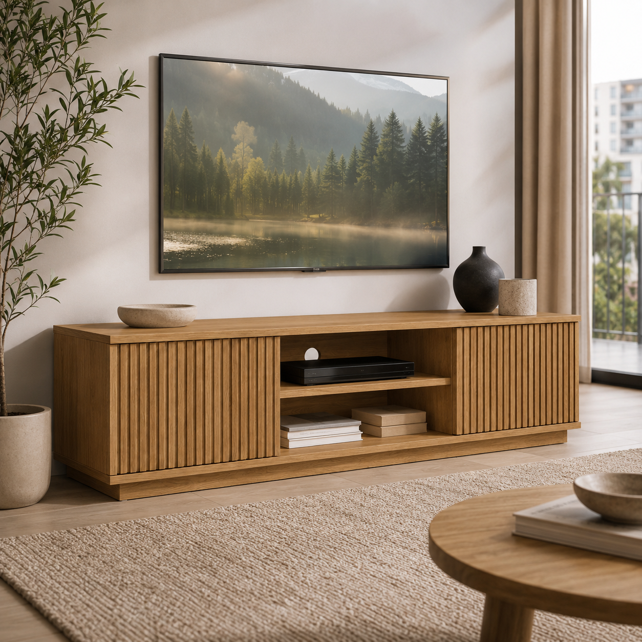 TV-Lowboard Eiche Optik mit Lamellenfront-SelviaWood