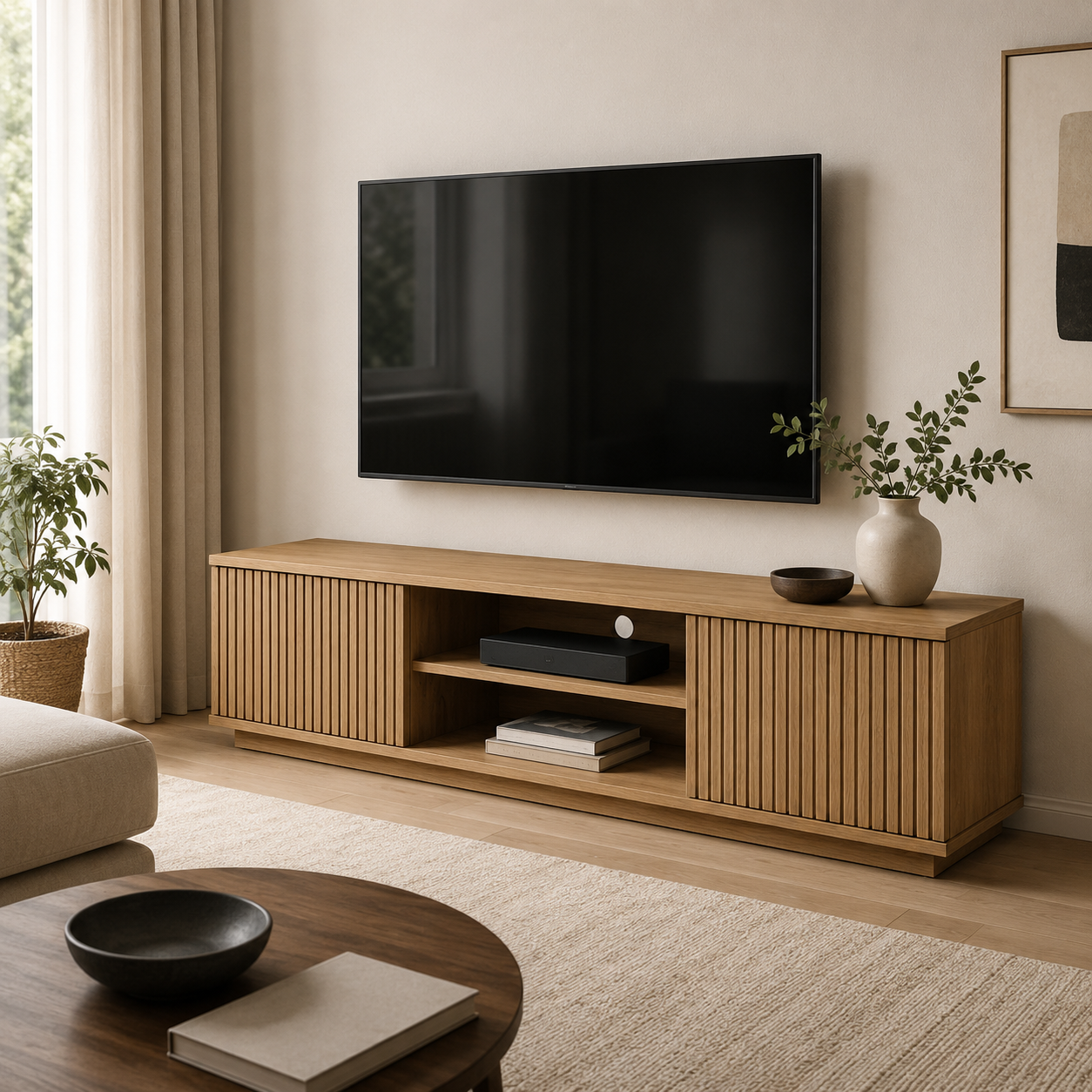 TV-Lowboard Eiche Optik mit Lamellenfront-SelviaWood