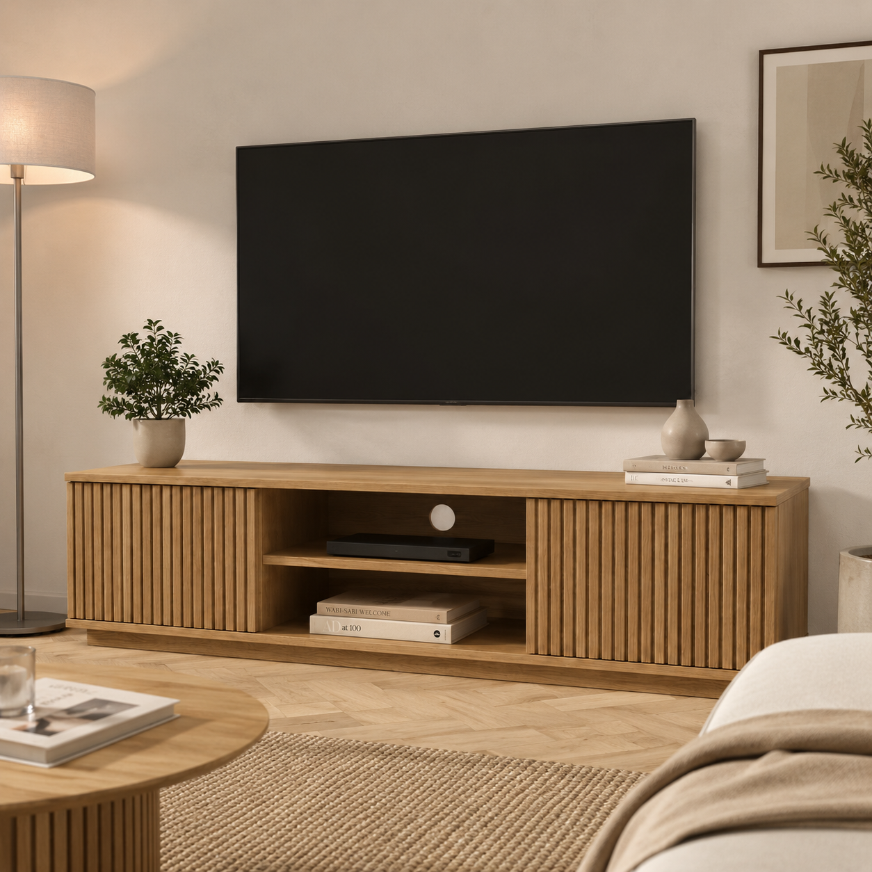TV-Lowboard Eiche Optik mit Lamellenfront-SelviaWood