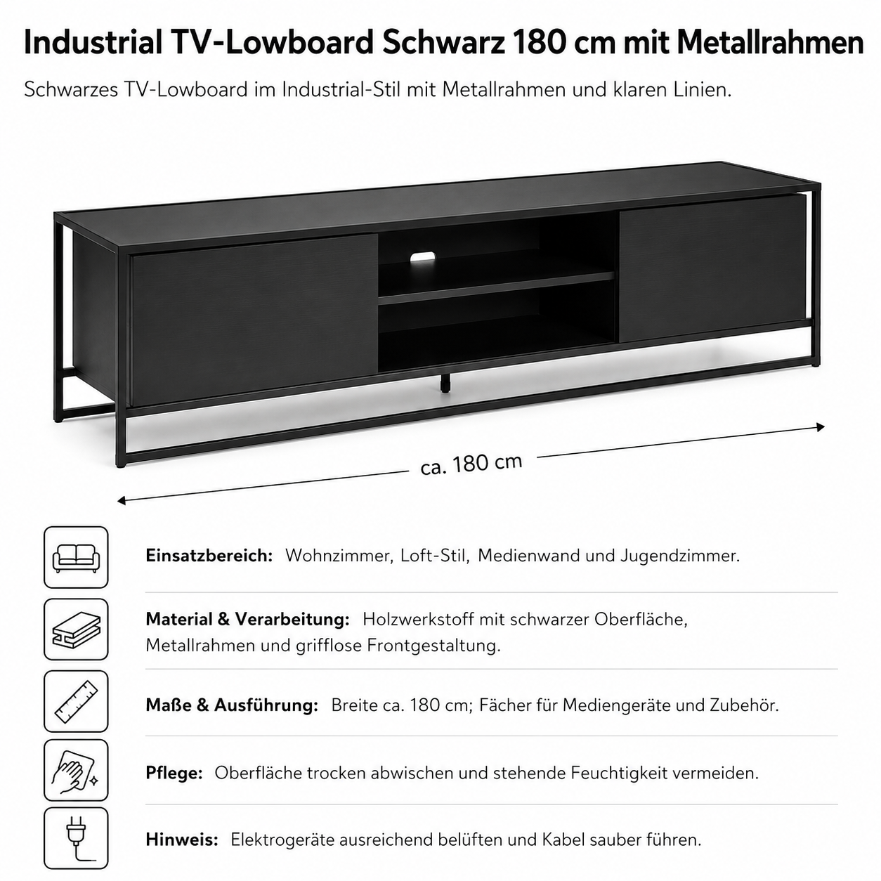 Industrial TV-Lowboard Schwarz 180 cm mit Metallrahmen-SelviaWood