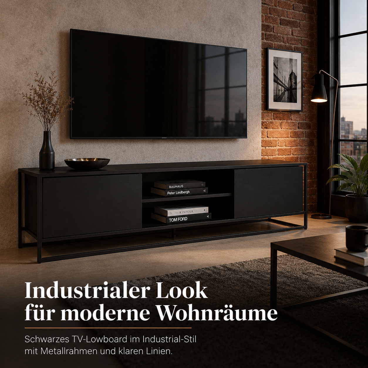 Industrial TV-Lowboard Schwarz 180 cm mit Metallrahmen-SelviaWood