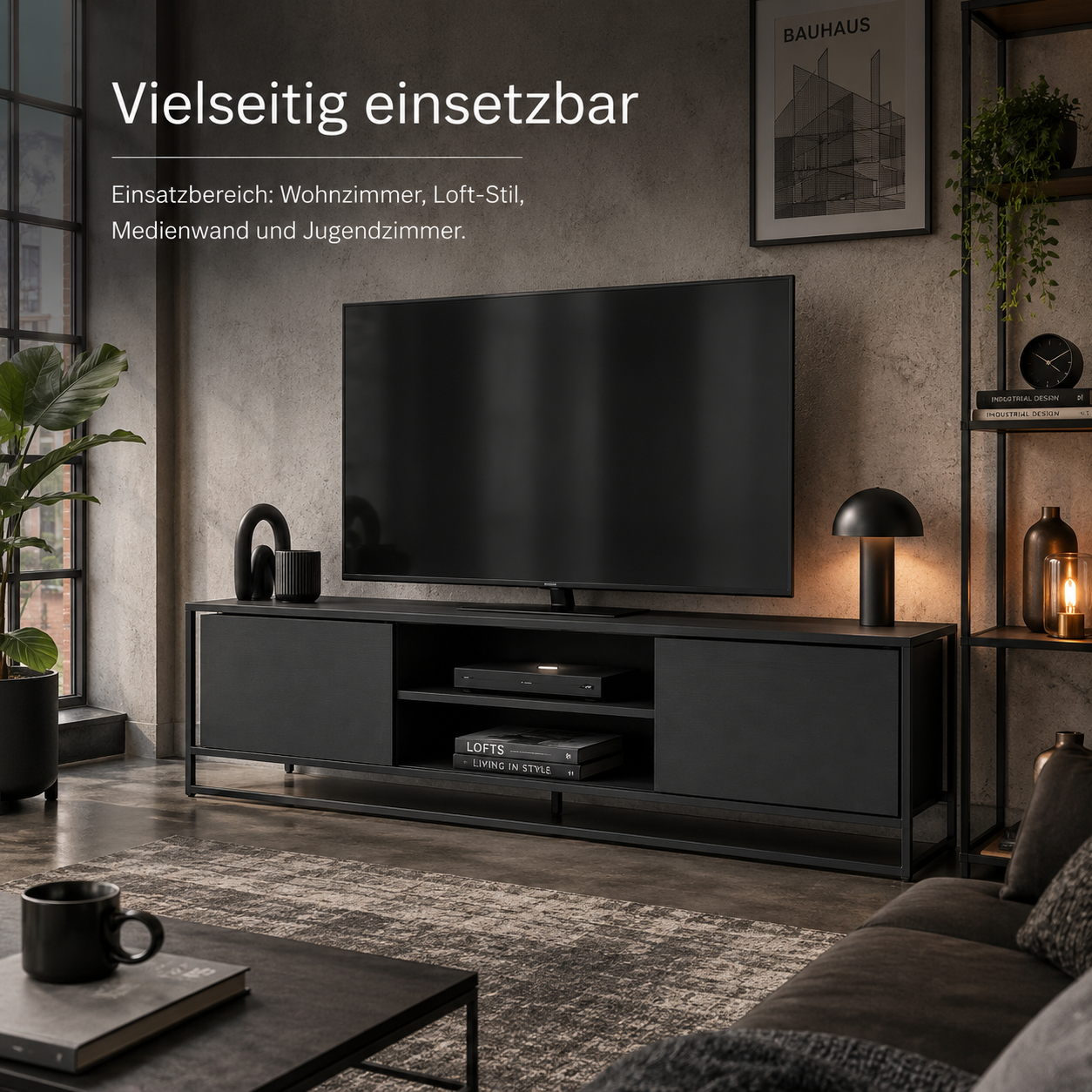 Industrial TV-Lowboard Schwarz 180 cm mit Metallrahmen-SelviaWood