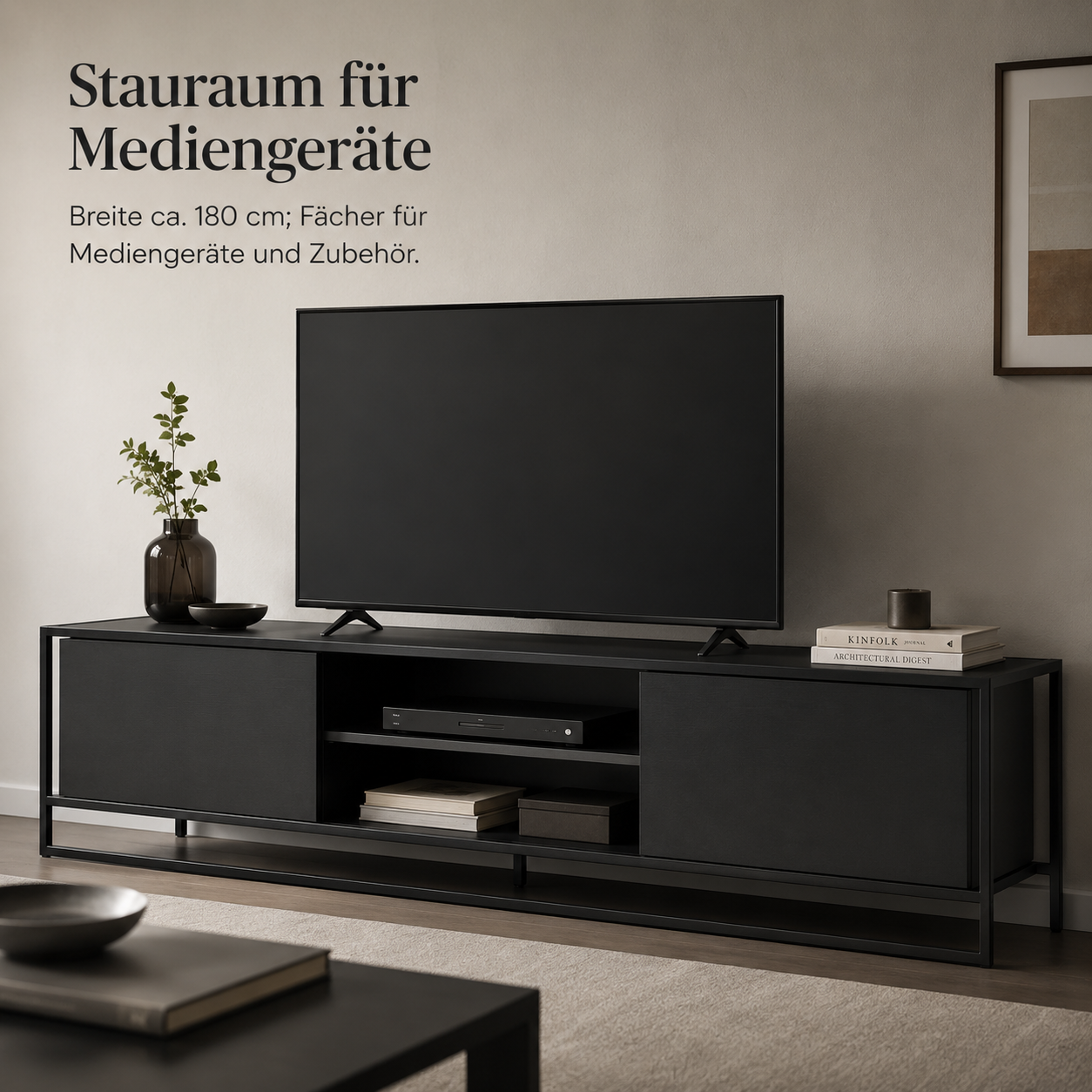 Industrial TV-Lowboard Schwarz 180 cm mit Metallrahmen-SelviaWood