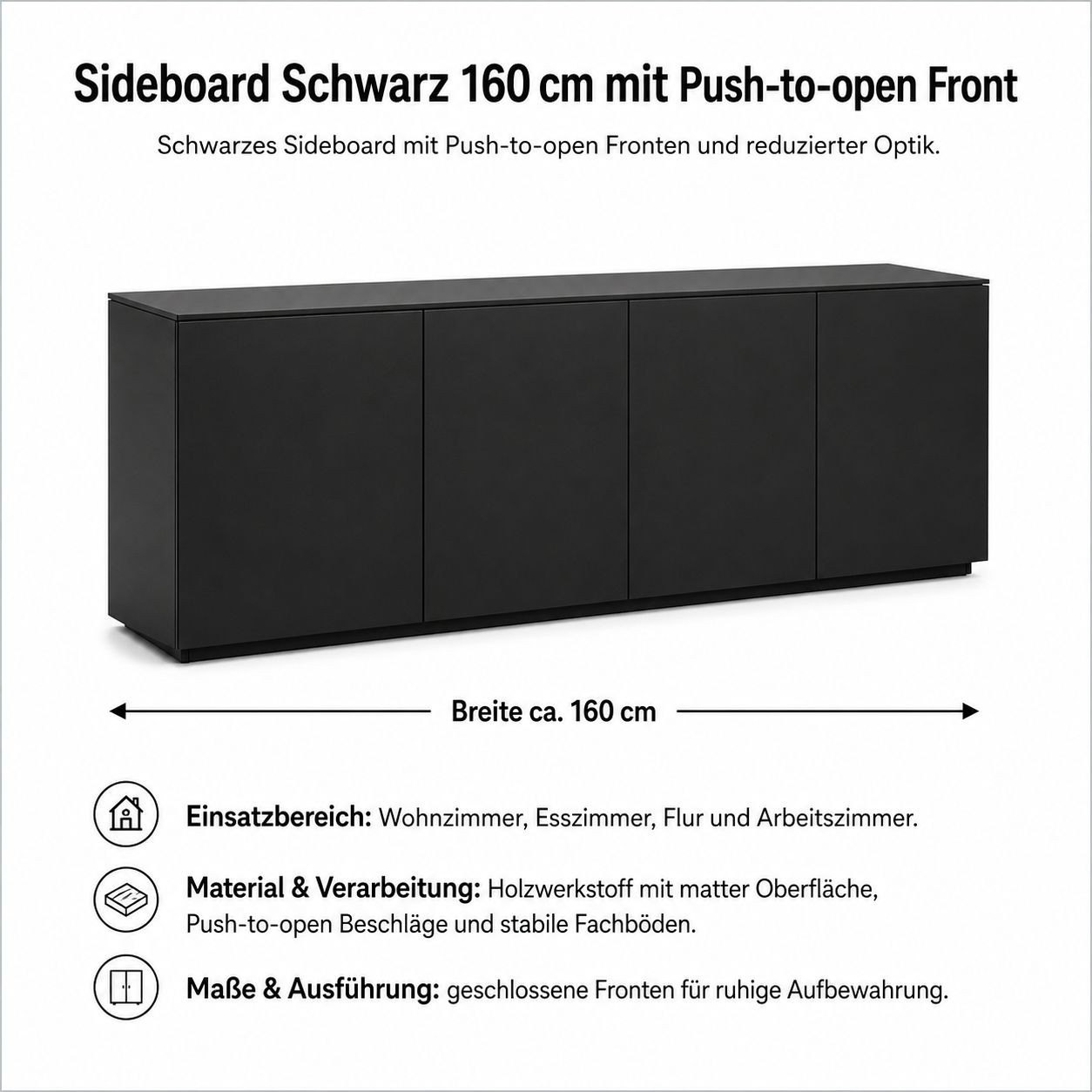 Sideboard Schwarz 160 cm mit Push-to-open Front-SelviaWood