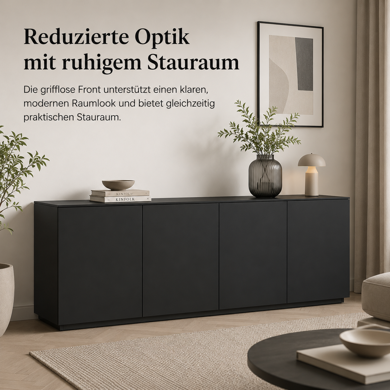 Sideboard Schwarz 160 cm mit Push-to-open Front-SelviaWood