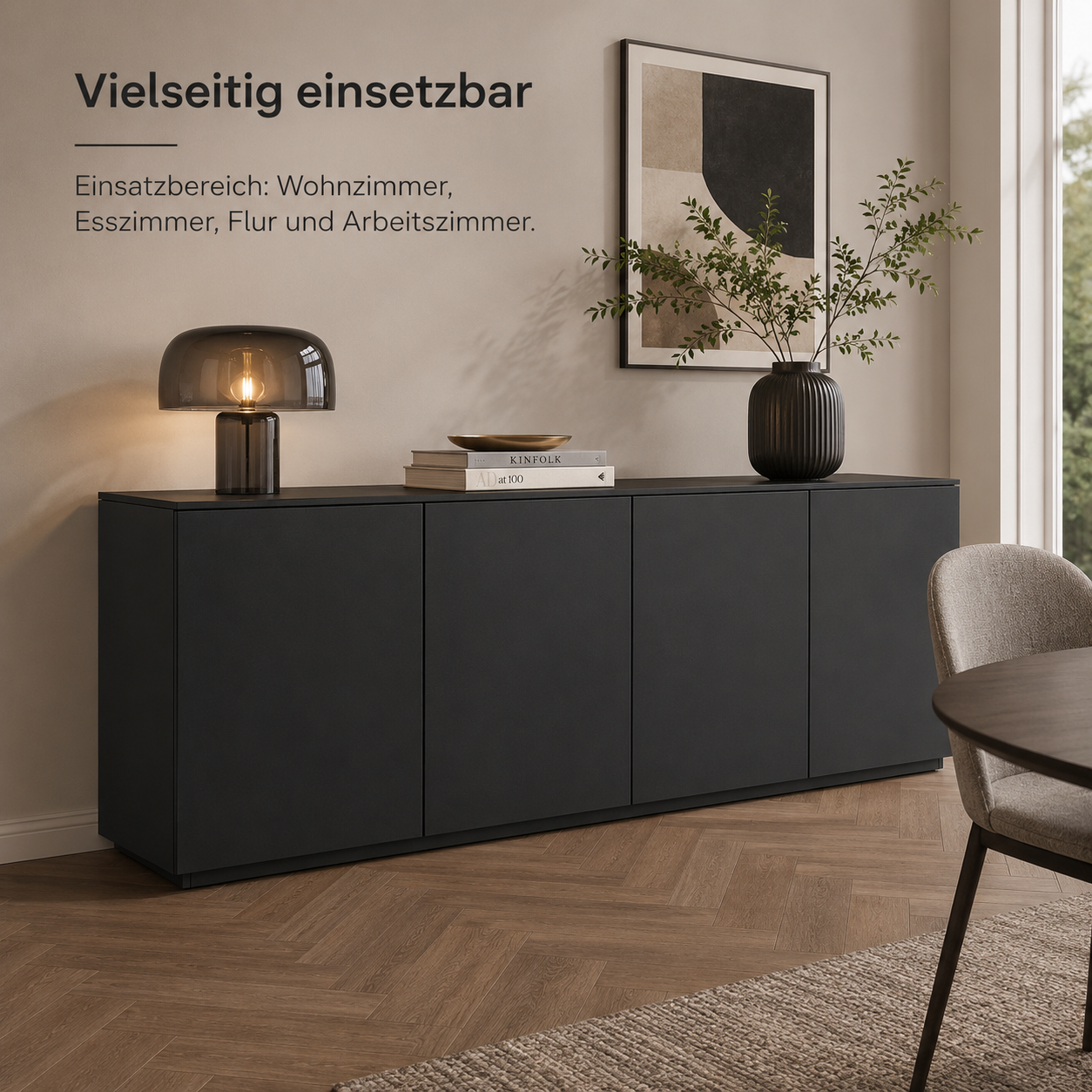 Sideboard Schwarz 160 cm mit Push-to-open Front-SelviaWood