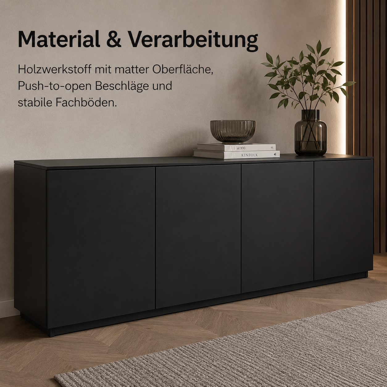 Sideboard Schwarz 160 cm mit Push-to-open Front-SelviaWood