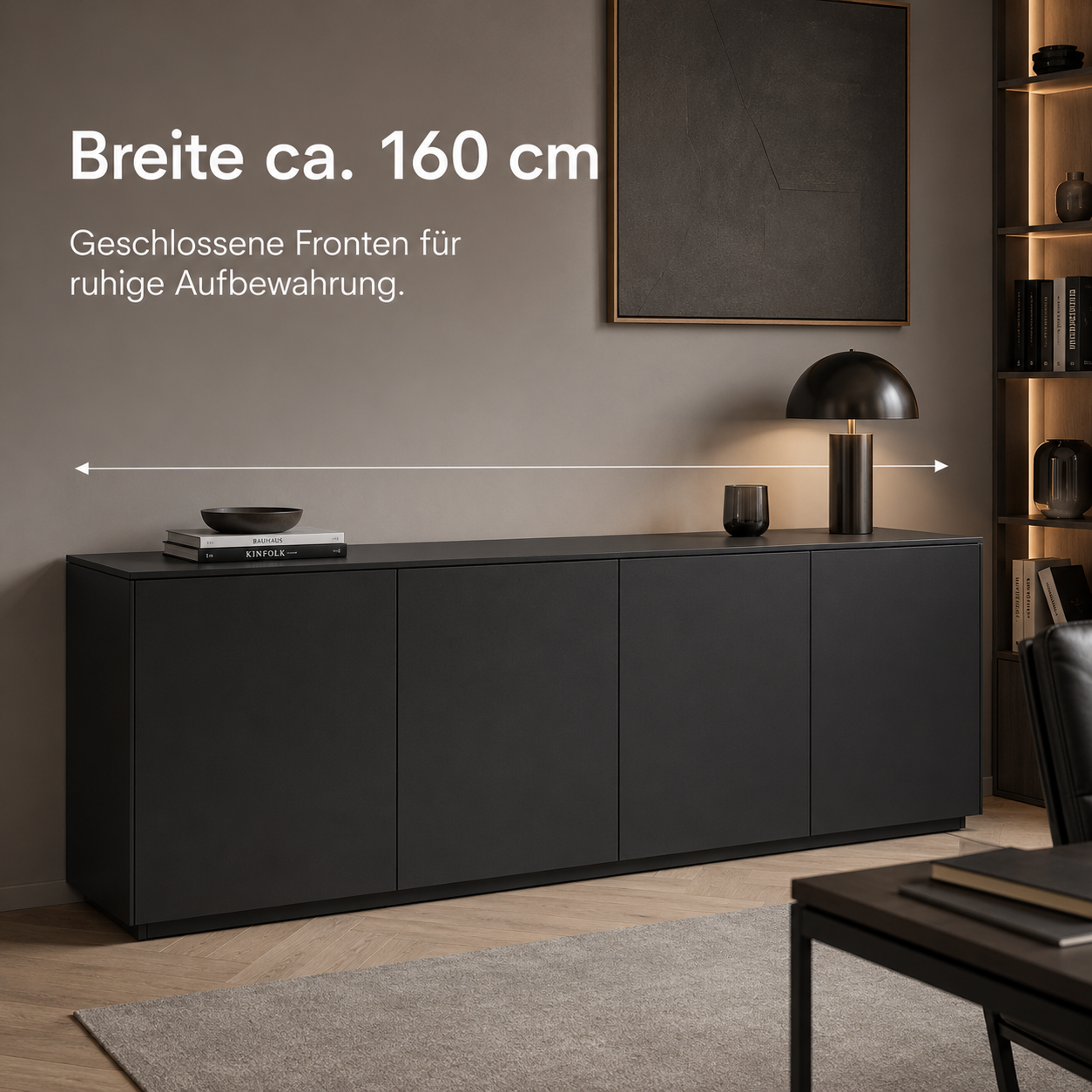 Sideboard Schwarz 160 cm mit Push-to-open Front-SelviaWood