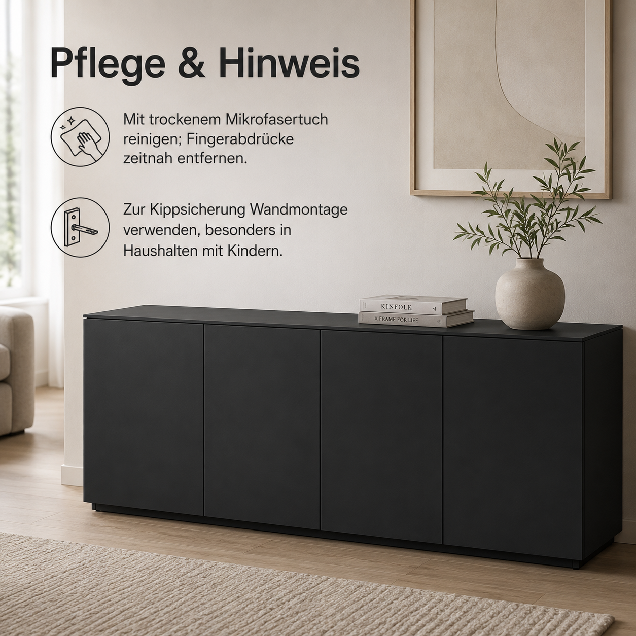 Sideboard Schwarz 160 cm mit Push-to-open Front-SelviaWood