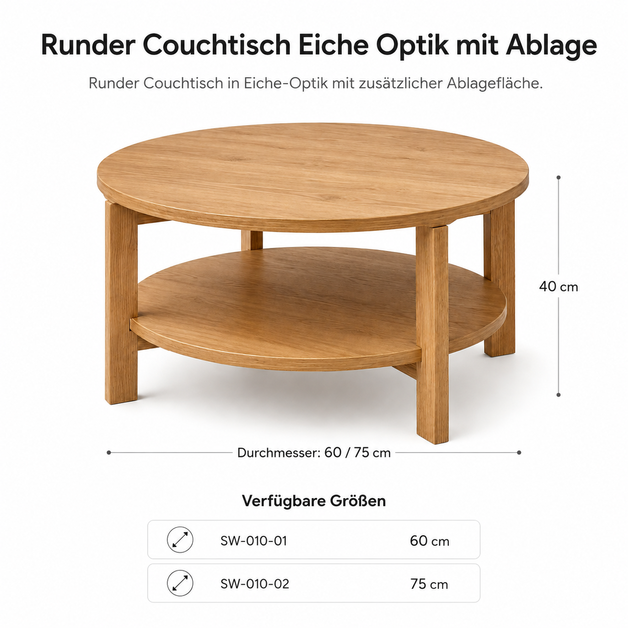 Runder Couchtisch Eiche Optik mit Ablage