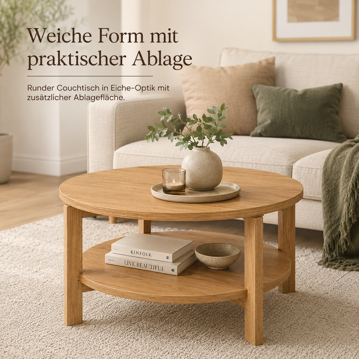 Runder Couchtisch Eiche Optik mit Ablage