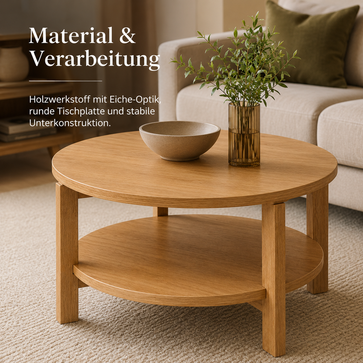 Runder Couchtisch Eiche Optik mit Ablage