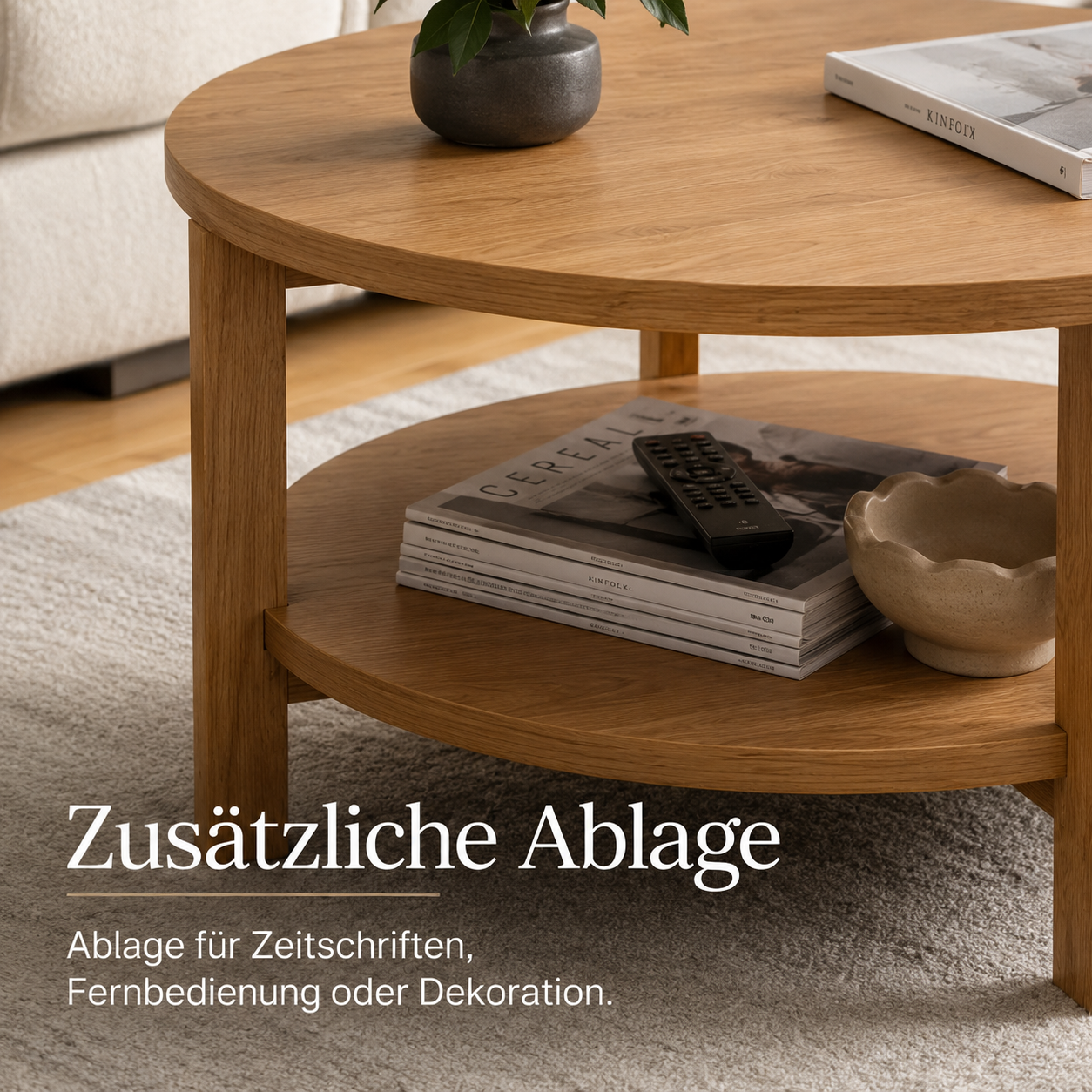 Runder Couchtisch Eiche Optik mit Ablage