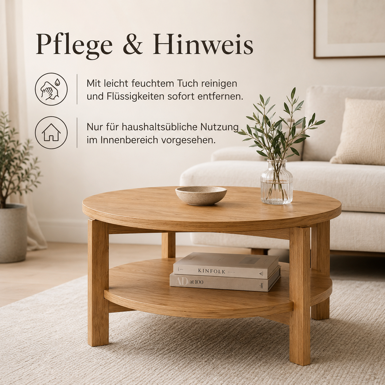 Runder Couchtisch Eiche Optik mit Ablage