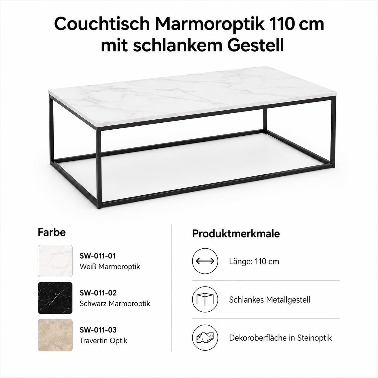 Couchtisch Marmoroptik 110 cm mit schlankem Gestell-SelviaWood