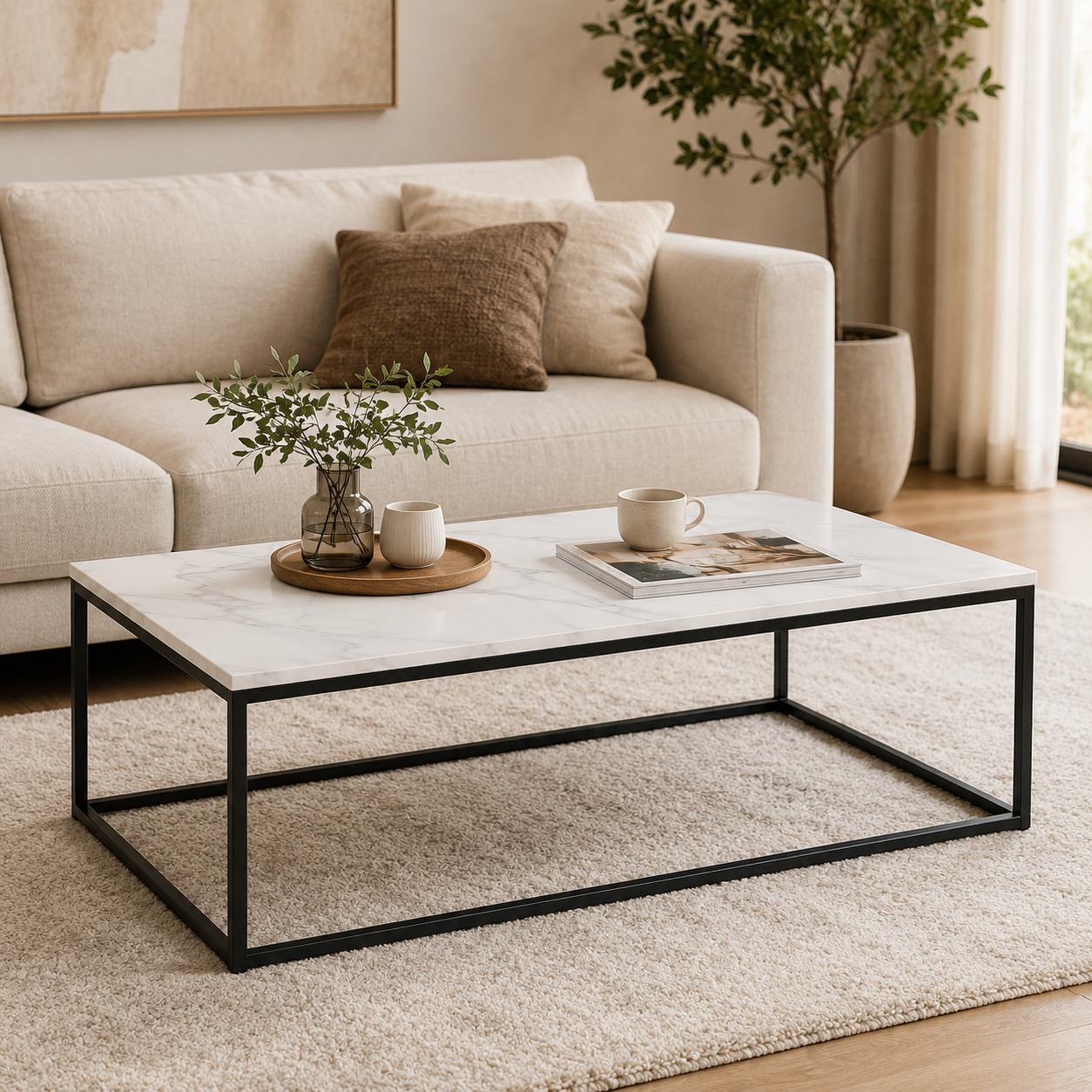 Couchtisch Marmoroptik 110 cm mit schlankem Gestell-SelviaWood