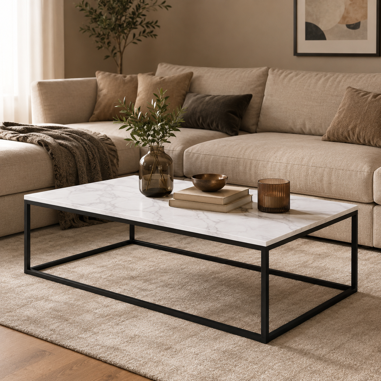 Couchtisch Marmoroptik 110 cm mit schlankem Gestell-SelviaWood